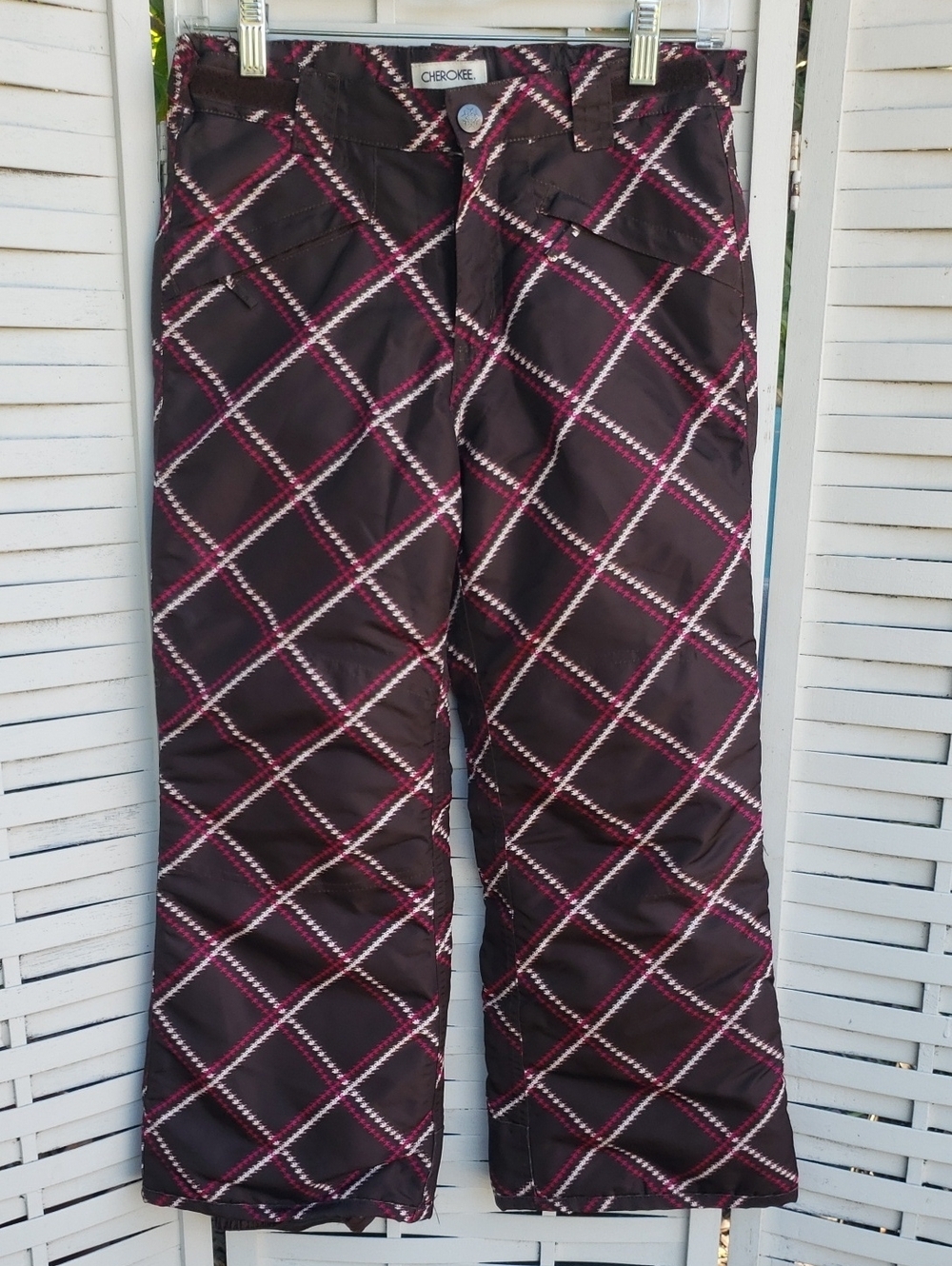 Cherokee Plaid Ski Pants Brown  with Pink & White Diamond Pattern 7/8
